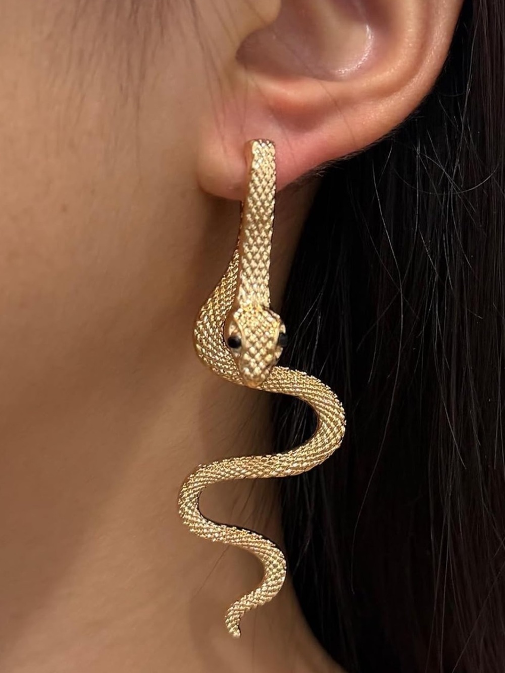 Serpentine serpent  Gold Snake Drop Earrings with Black Eyes